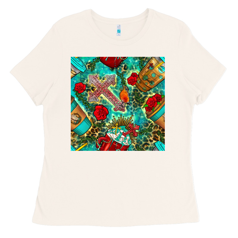 Faith Coffee Cup And Cross With Leopard And Roses Seamless Pattern Bbs Ladies Tee by BundleAndBundleShop | Teevron
