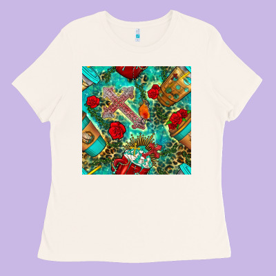 Faith Coffee Cup And Cross With Leopard And Roses Seamless Pattern Bbs Ladies Tee Designed By Bundleandbundleshop
