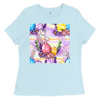 Baby Blue Easter Eggs With Flowers Seamless Pattern Ladies Tee - BundleAndBundleShop