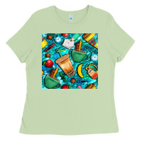 Matcha school boy coffe cup with camouflage seamless pattern bbs Ladies Tee - BundleAndBundleShop
