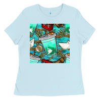 Baby Blue fish coffee cups and reeds with paper boat and leopard lake seamless p Ladies Tee - BundleAndBundleShop