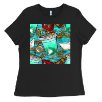 Black fish coffee cups and reeds with paper boat and leopard lake seamless p Ladies Tee - BundleAndBundleShop