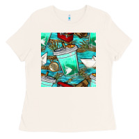 Fish Coffee Cups And Reeds With Paper Boat And Leopard Lake Seamless P Ladies Tee | Teevron
