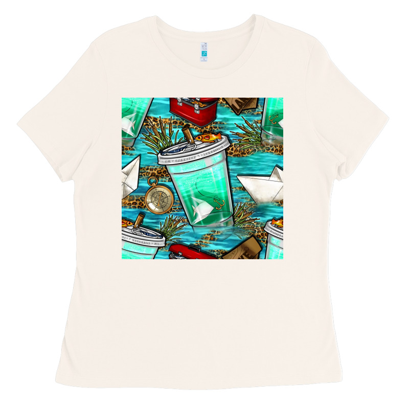 Fish Coffee Cups And Reeds With Paper Boat And Leopard Lake Seamless P Ladies Tee by BundleAndBundleShop | Teevron