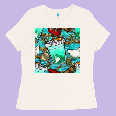 Fish Coffee Cups And Reeds With Paper Boat And Leopard Lake Seamless P Ladies Tee Designed By Bundleandbundleshop