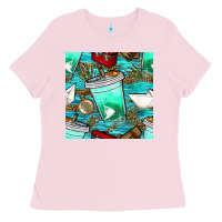 Bubblegum Pink fish coffee cups and reeds with paper boat and leopard lake seamless p Ladies Tee - BundleAndBundleShop