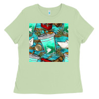Matcha fish coffee cups and reeds with paper boat and leopard lake seamless p Ladies Tee - BundleAndBundleShop