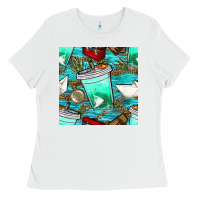 White fish coffee cups and reeds with paper boat and leopard lake seamless p Ladies Tee - BundleAndBundleShop