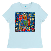 Baby Blue christmas ho ho ho with coffee cups and ornaments with plaid seamless  Ladies Tee - BundleAndBundleShop