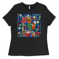Black christmas ho ho ho with coffee cups and ornaments with plaid seamless  Ladies Tee - BundleAndBundleShop