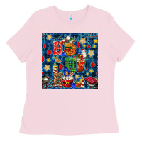 Bubblegum Pink christmas ho ho ho with coffee cups and ornaments with plaid seamless  Ladies Tee - BundleAndBundleShop