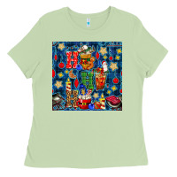 Matcha christmas ho ho ho with coffee cups and ornaments with plaid seamless  Ladies Tee - BundleAndBundleShop