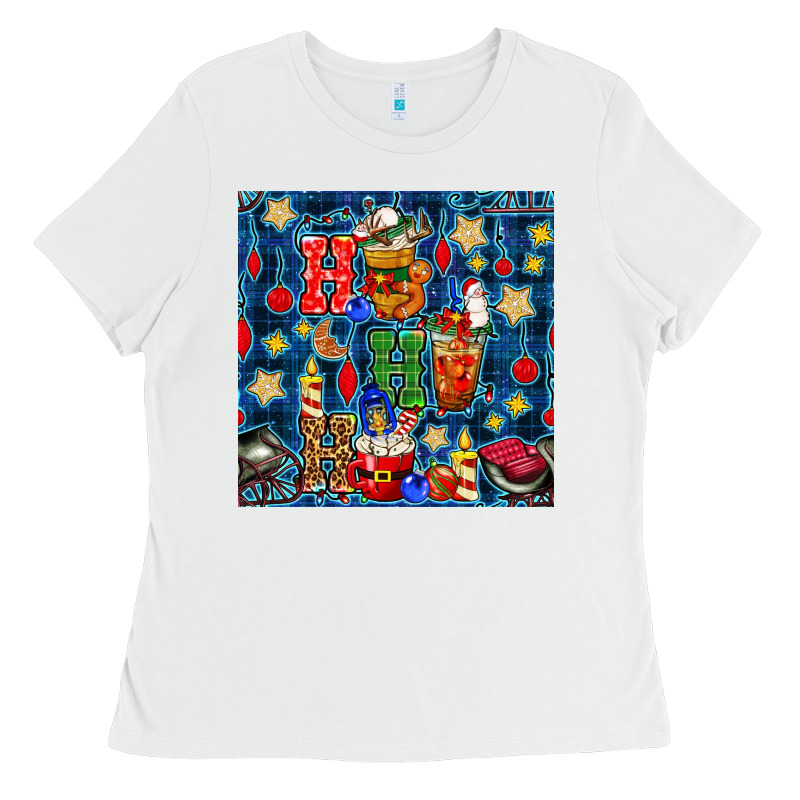 Christmas Ho Ho Ho With Coffee Cups And Ornaments With Plaid Seamless  Ladies Tee by BundleAndBundleShop | Teevron
