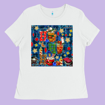 Christmas Ho Ho Ho With Coffee Cups And Ornaments With Plaid Seamless  Ladies Tee Designed By Bundleandbundleshop
