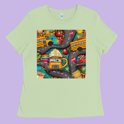 School Bus Coffee And Star With Leopard Seamless Pattern Bbs Ladies Tee Designed By Bundleandbundleshop