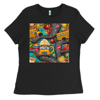 Black school bus coffee and star with leopard seamless pattern bbs Ladies Tee - BundleAndBundleShop