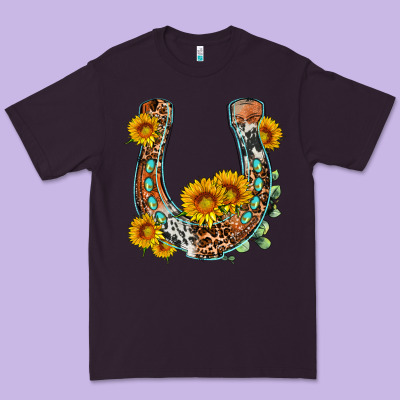 Western Leopard Cowhide Sunflowers Horseshoe Premium Tee Designed By Oliviacreatesart