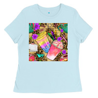 Baby Blue school girl coffee cup with leopard seamless pattern bbs Ladies Tee - BundleAndBundleShop