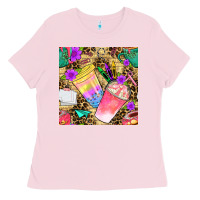 Bubblegum Pink school girl coffee cup with leopard seamless pattern bbs Ladies Tee - BundleAndBundleShop