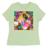 Matcha school girl coffee cup with leopard seamless pattern bbs Ladies Tee - BundleAndBundleShop