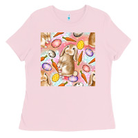 Bubblegum Pink Happy Easter Bunny Seamless Pattern Ladies Tee - BundleAndBundleShop