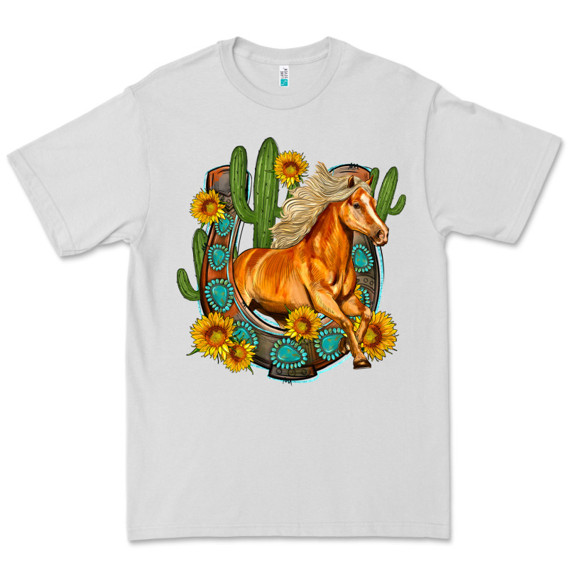 Western Horse Cactus Sunflowers Horseshoe Premium Tee by OliviaCreatesArt | Teevron