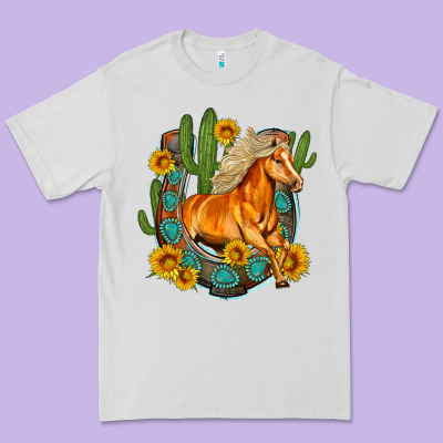 Western Horse Cactus Sunflowers Horseshoe Premium Tee Designed By Oliviacreatesart