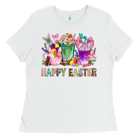 White Happy Easter Coffee Cups With Bunny Ladies Tee - BundleAndBundleShop
