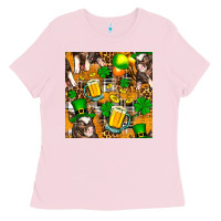 Bubblegum Pink St. Patrick's Day Pig With Beer And Shamrock Ladies Tee - FaDigitalArtStudio
