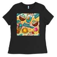 Black sweet summer coffee cups with colorful leopard and sea stars seamless  Ladies Tee - BundleAndBundleShop