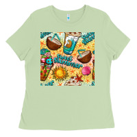 Matcha sweet summer coffee cups with colorful leopard and sea stars seamless  Ladies Tee - BundleAndBundleShop