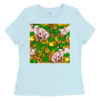 Baby Blue St. Patrick's Day Pig And Candy Pot Of Gold Ladies Tee - FaDigitalArtStudio