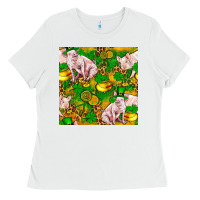 White St. Patrick's Day Pig And Candy Pot Of Gold Ladies Tee - FaDigitalArtStudio