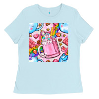 Baby Blue unicorn coffe cup and star with rainbow seamless pattern bbs Ladies Tee - BundleAndBundleShop
