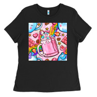 Unicorn Coffe Cup And Star With Rainbow Seamless Pattern Bbs Ladies Tee | Teevron