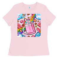Bubblegum Pink unicorn coffe cup and star with rainbow seamless pattern bbs Ladies Tee - BundleAndBundleShop