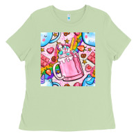 Matcha unicorn coffe cup and star with rainbow seamless pattern bbs Ladies Tee - BundleAndBundleShop