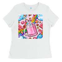 White unicorn coffe cup and star with rainbow seamless pattern bbs Ladies Tee - BundleAndBundleShop