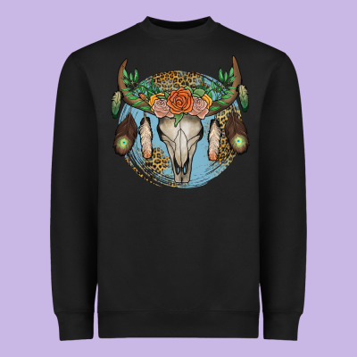 Floral Feather Bull Skull Heavyweight Sweatshirt Designed By Jahusdesignshop