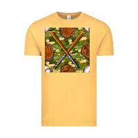 Vintage Mustard baseball bat and gloves with camouflage seamless pattern Vintage Tee - BundleAndBundleShop