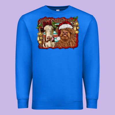 Christmas Heifer And Highland Cow With Serape Background Premium Sweatshirt Designed By Ranaportraitstore