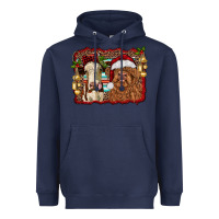 Navy christmas heifer and highland cow with serape background Heavyweight Hoodie - RanaPortraitStore