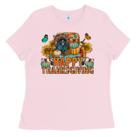 Bubblegum Pink happy thanksgiving with truck bbs Ladies Tee - BundleAndBundleShop