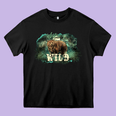 Stay Wild Night Grizzly Bear Heavy Core Tee Designed By Howdyjamesfarm