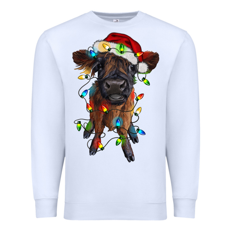 Highland Cow Calf With Christmas Lights Premium Sweatshirt by RanaPortraitStore | Teevron