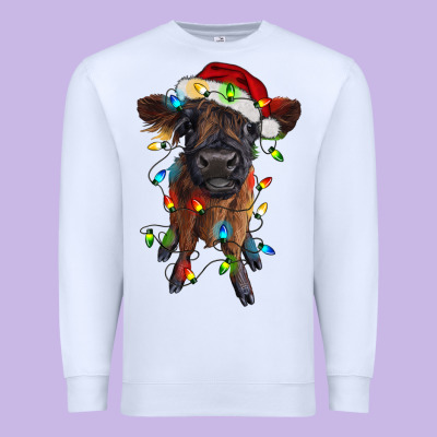 Highland Cow Calf With Christmas Lights Premium Sweatshirt Designed By Ranaportraitstore