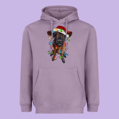 Highland Cow Calf With Christmas Lights Heavyweight Hoodie Designed By Ranaportraitstore