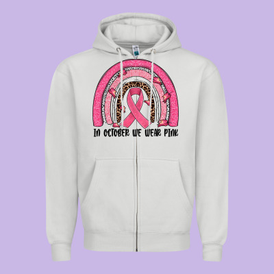 In October We Wear Pink Rainbow Zipper Hoodie Designed By Jahusdesignshop