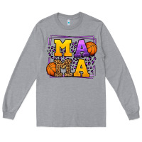 Heather Grey Purple and gold Basketball leopard frame Mama Long Sleeve Tee - LillyAllenDesigns