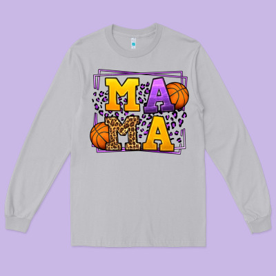 Purple And Gold Basketball Leopard Frame Mama Long Sleeve Tee Designed By Lillyallendesigns